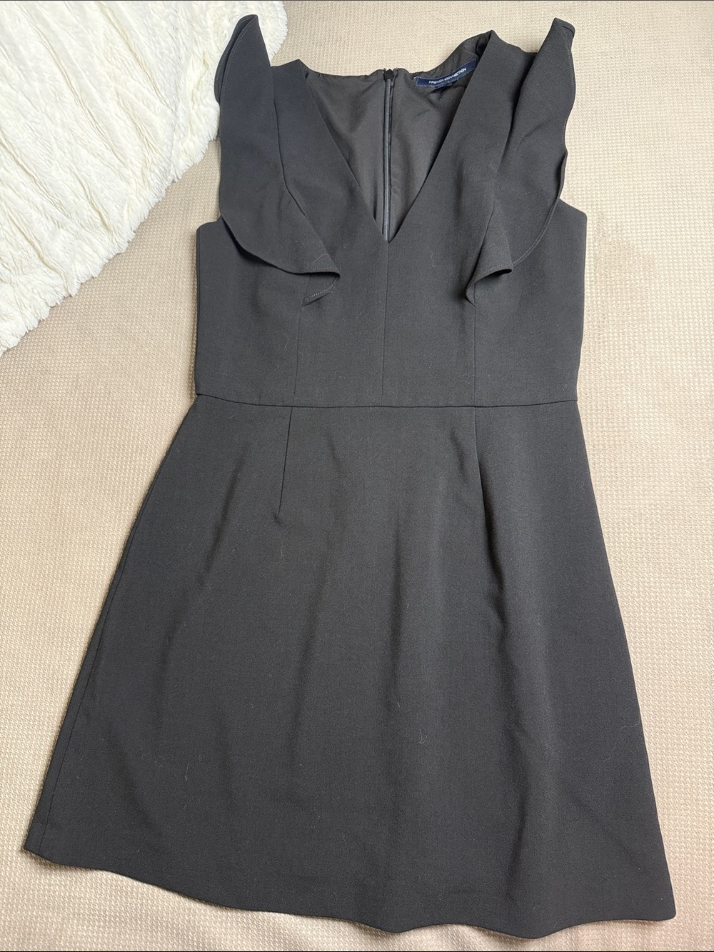 French Connection Black Ruffle-Shoulder V-Neck Mini Dress